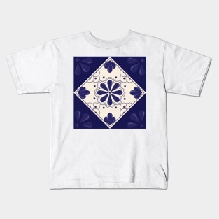 Blue Floral Talavera Tile by Akbaly Kids T-Shirt